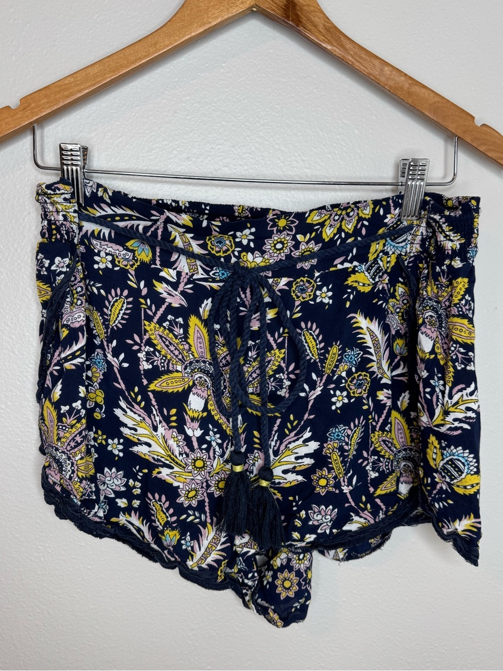 Anthropologie Navy Blue Floral Paisley Boho Tassel Drawstring Shorts